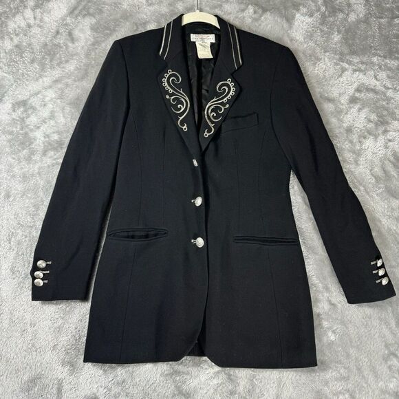 Apriori Black Embroidered Dress Blazer Womens 6 Silver‎ Button Down Wool Blend - Picture 1 of 11